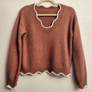 Vintage blush/rose V-neck wool sweater w/ cream scalloped neck/wrist/waist